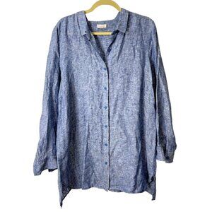 Garnet Hill Womens Blue Button-Up Linen Shirt Tunic Top Lagenlook Size L